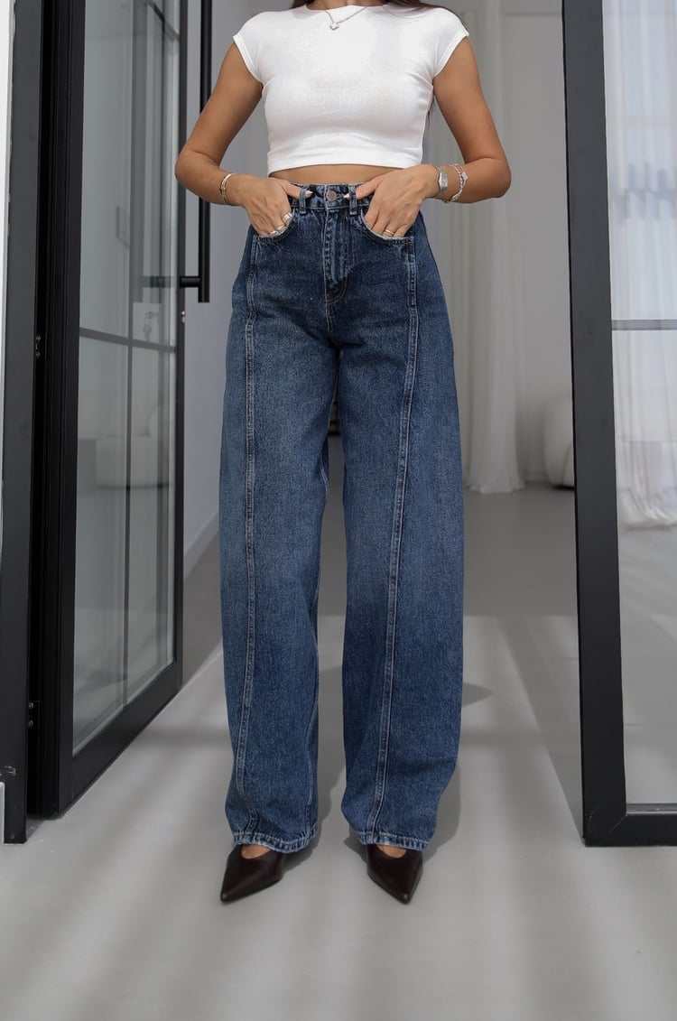 Mavi Önü Çimalı Yüksek Bel Wide Leg Jean