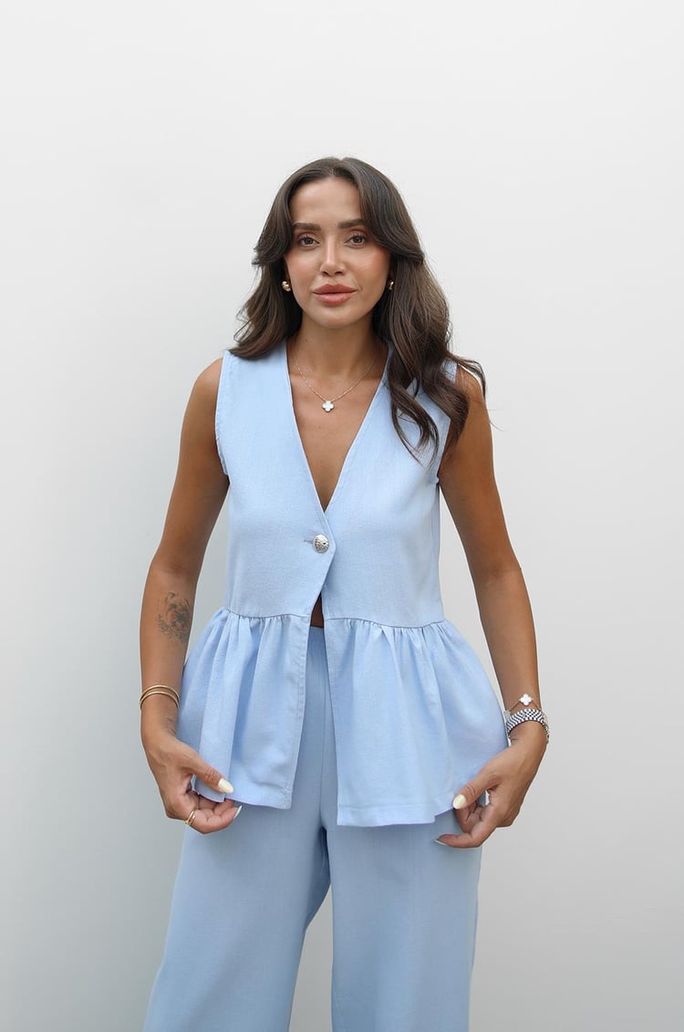 Mavi Önü Tek Düğmeli Yelek Pantolon Takım