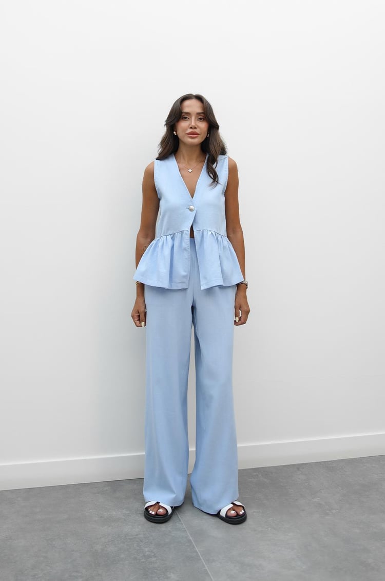 Mavi Önü Tek Düğmeli Yelek Pantolon Takım