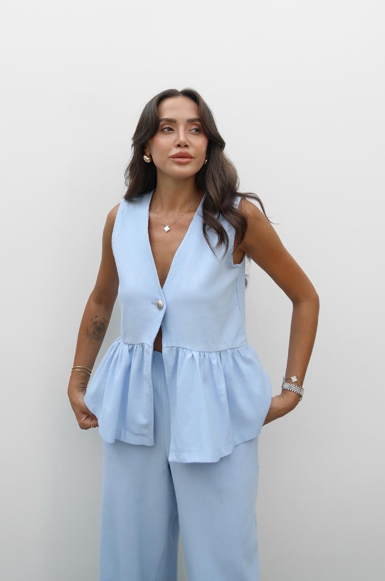 Mavi Önü Tek Düğmeli Yelek Pantolon Takım