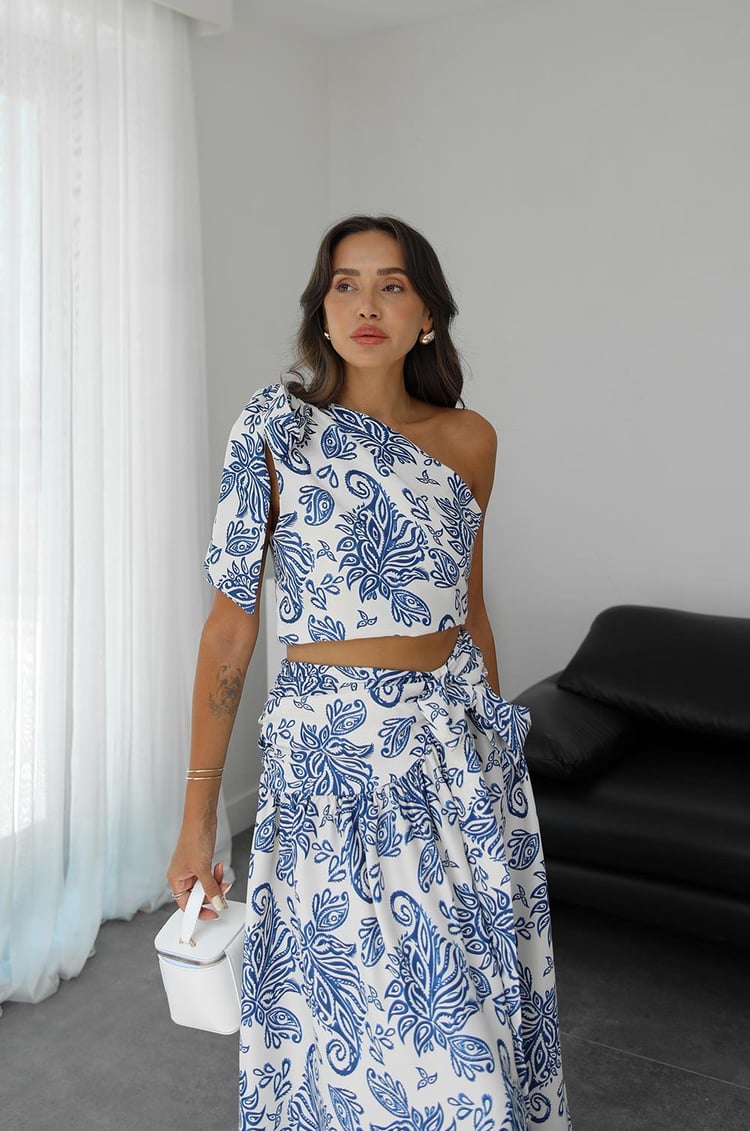 Mavi Paisley Desenli Saten Takım