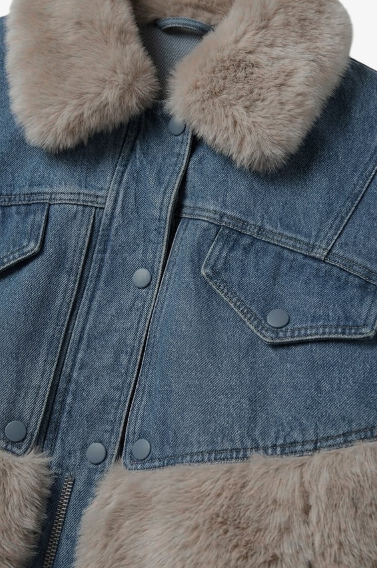 Mavi Peluş Kürk Garnili Denim Mont