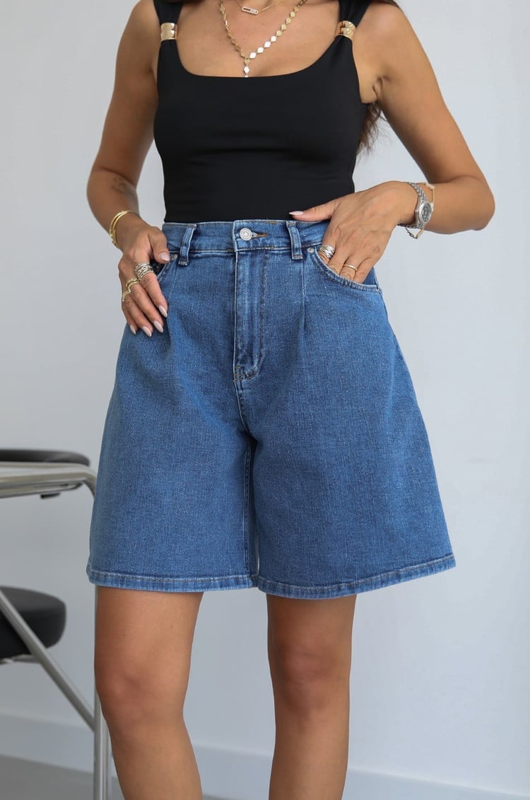 Mavi Pensli Denim Şort