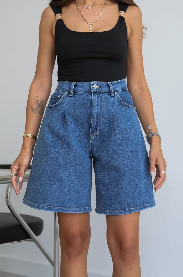 Mavi Pensli Denim Şort