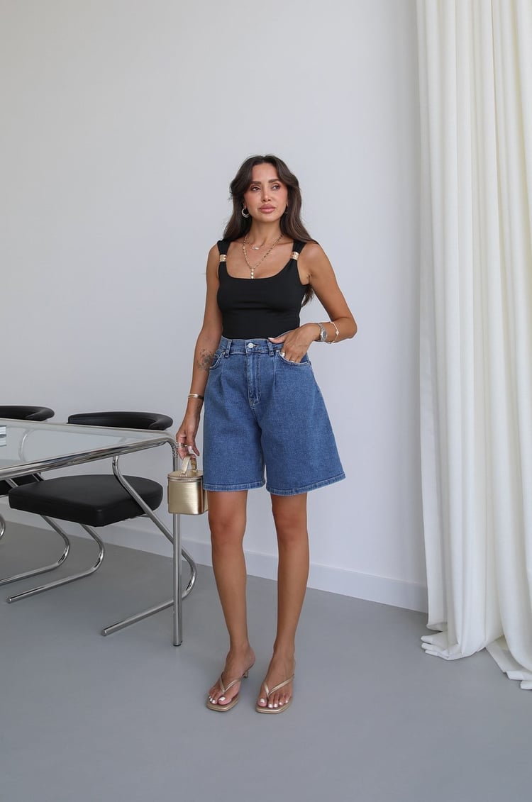 Mavi Pensli Denim Şort
