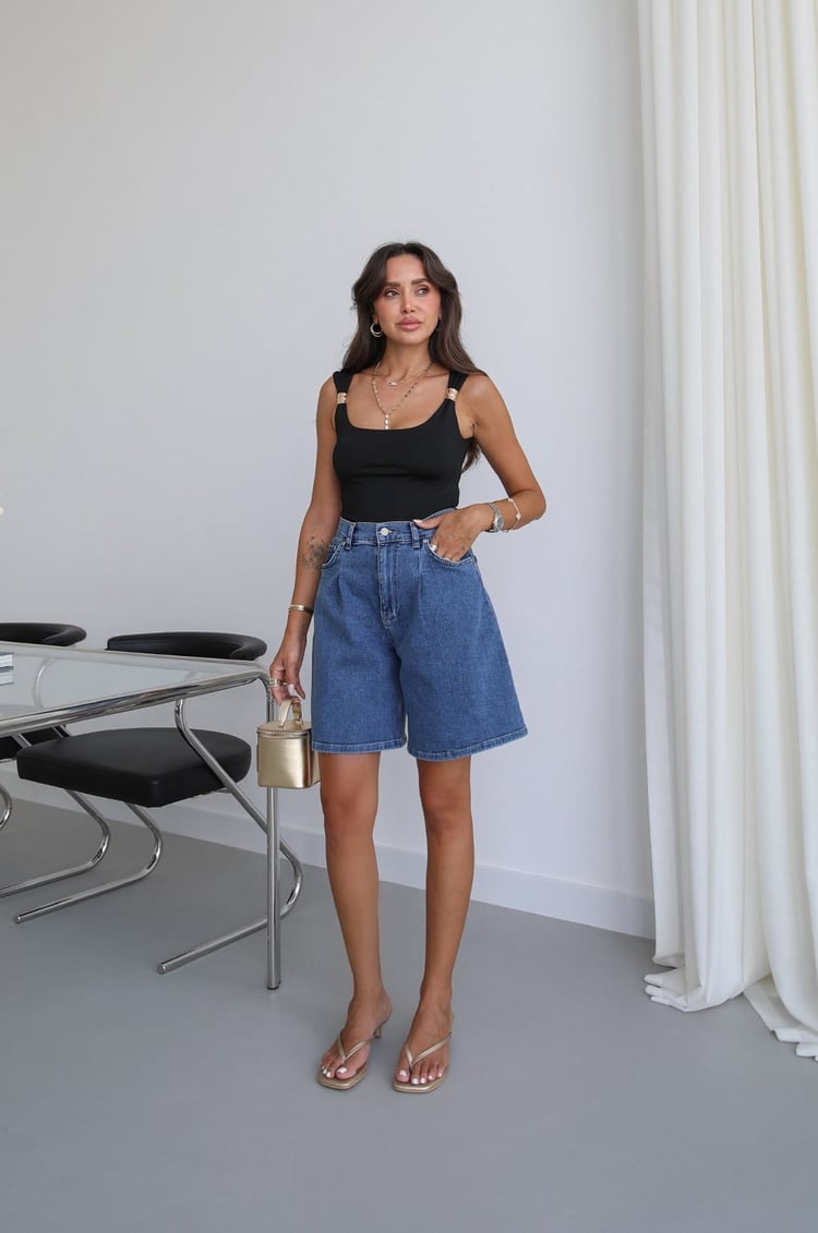 Mavi Pensli Denim Şort
