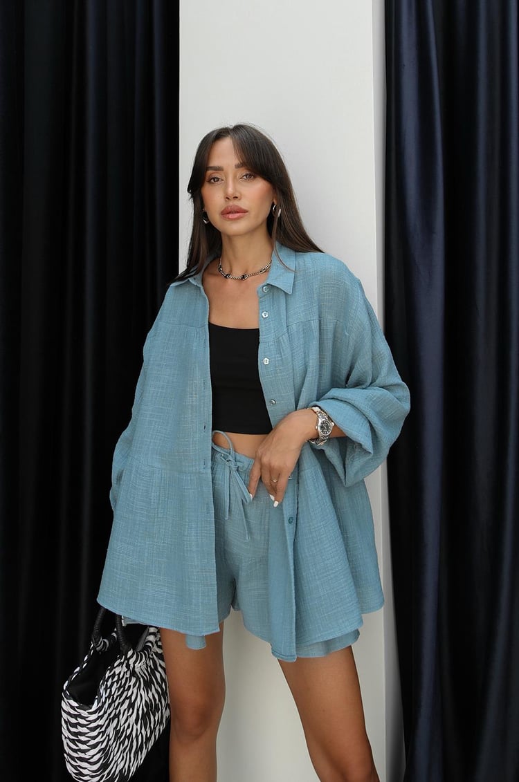 Mavi Platt Gömlek Şort Müslin Takım