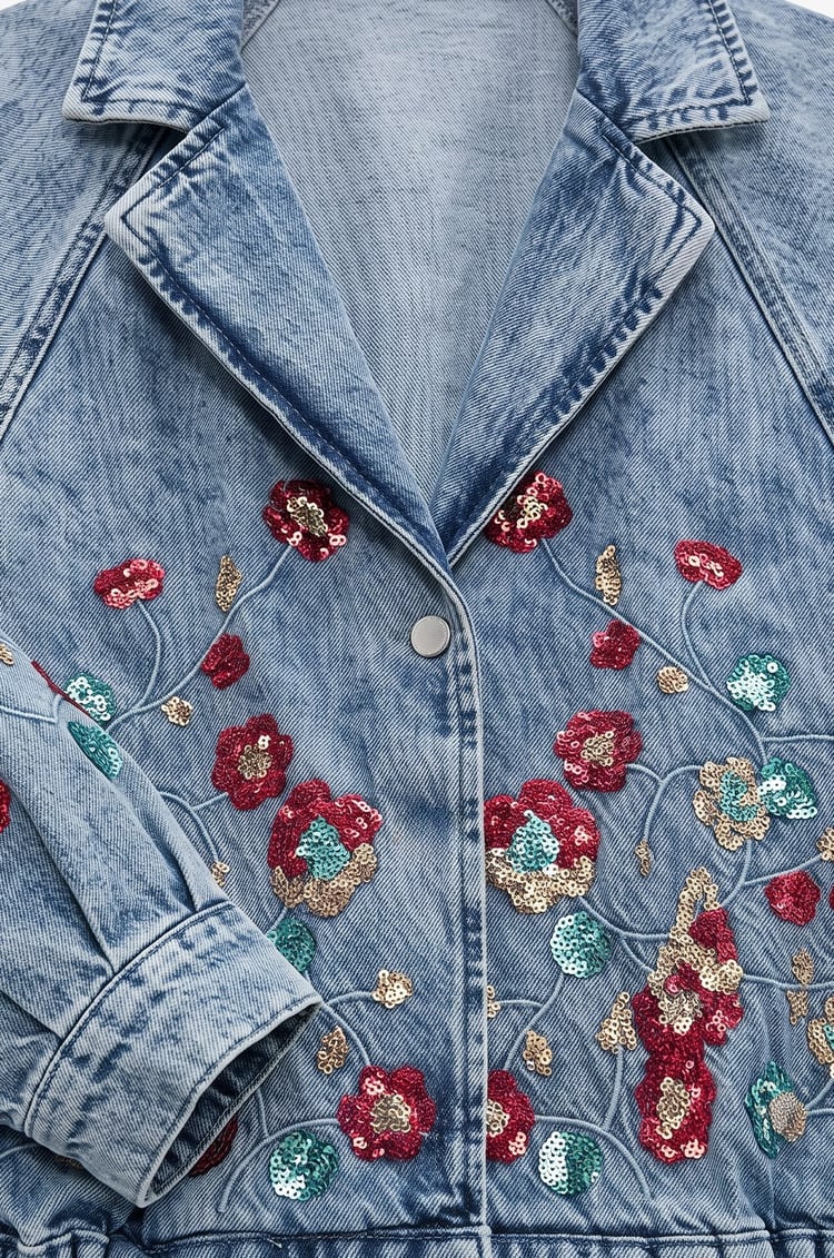 Mavi Pullu Çiçek İşlemeli Denim Ceket