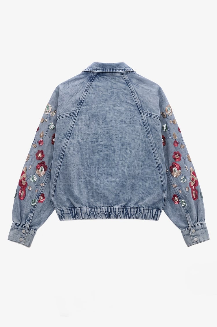 Mavi Pullu Çiçek İşlemeli Denim Ceket