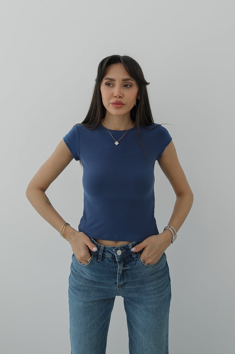 Mavi Raye Kısa Kollu Basic Bluz
