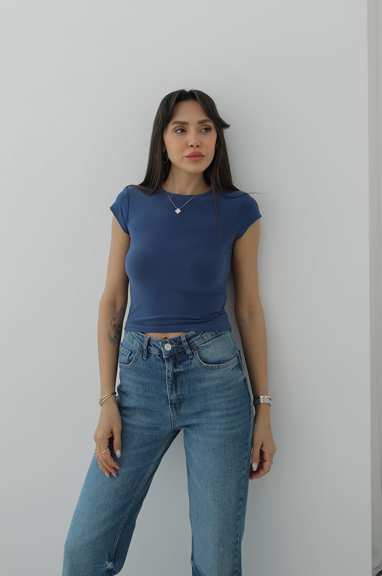 Mavi Raye Kısa Kollu Basic Bluz