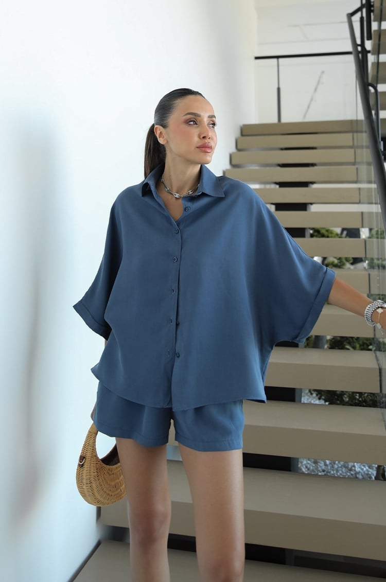 Mavi Rona Oversize Gömlek Şort Takım