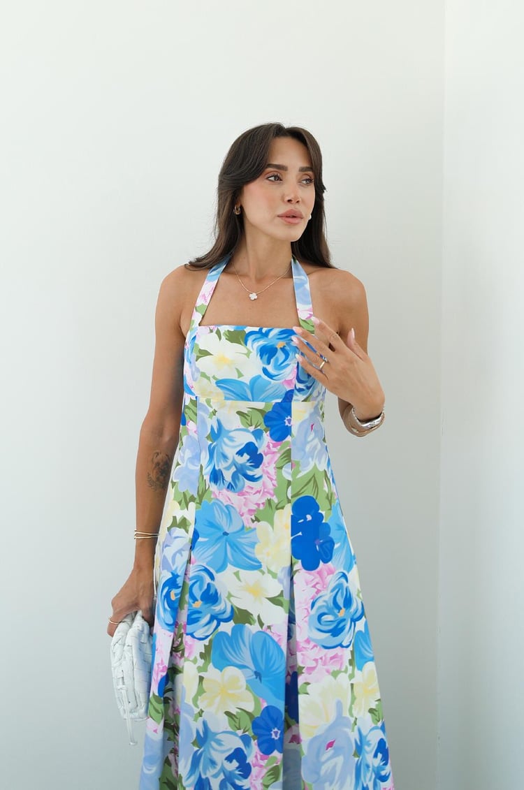 Mavi Rush Çiçek Desenli Boyundan Bağlamalı Elbise