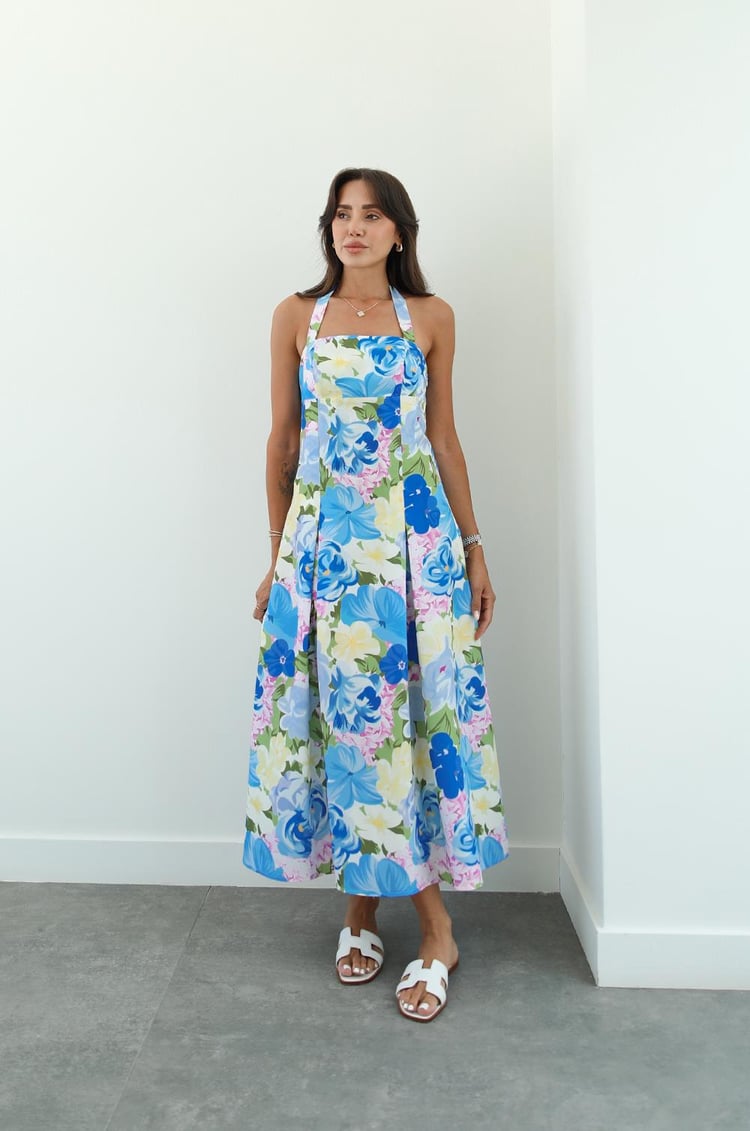 Mavi Rush Çiçek Desenli Boyundan Bağlamalı Elbise