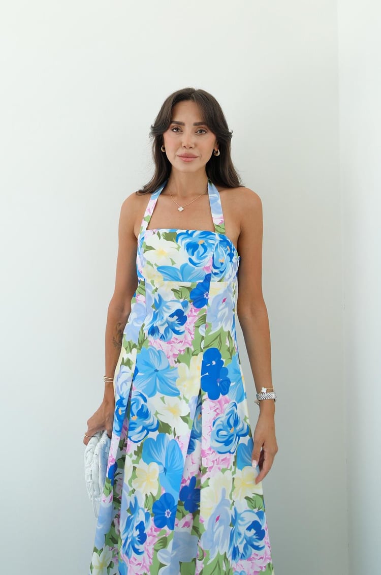 Mavi Rush Çiçek Desenli Boyundan Bağlamalı Elbise