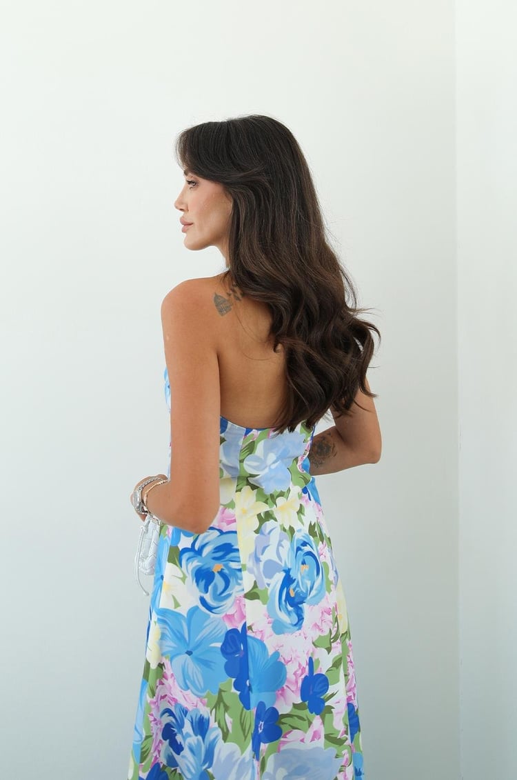 Mavi Rush Çiçek Desenli Boyundan Bağlamalı Elbise