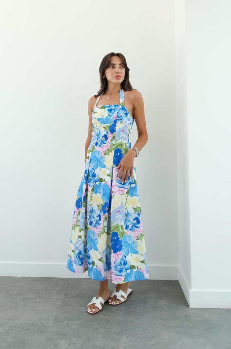 Mavi Rush Çiçek Desenli Boyundan Bağlamalı Elbise