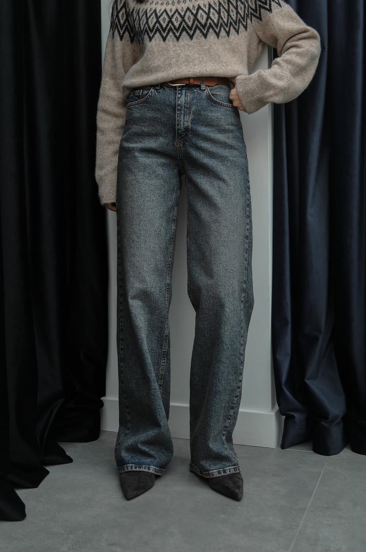 Mavi Süet Kemerli Wide Leg Jean