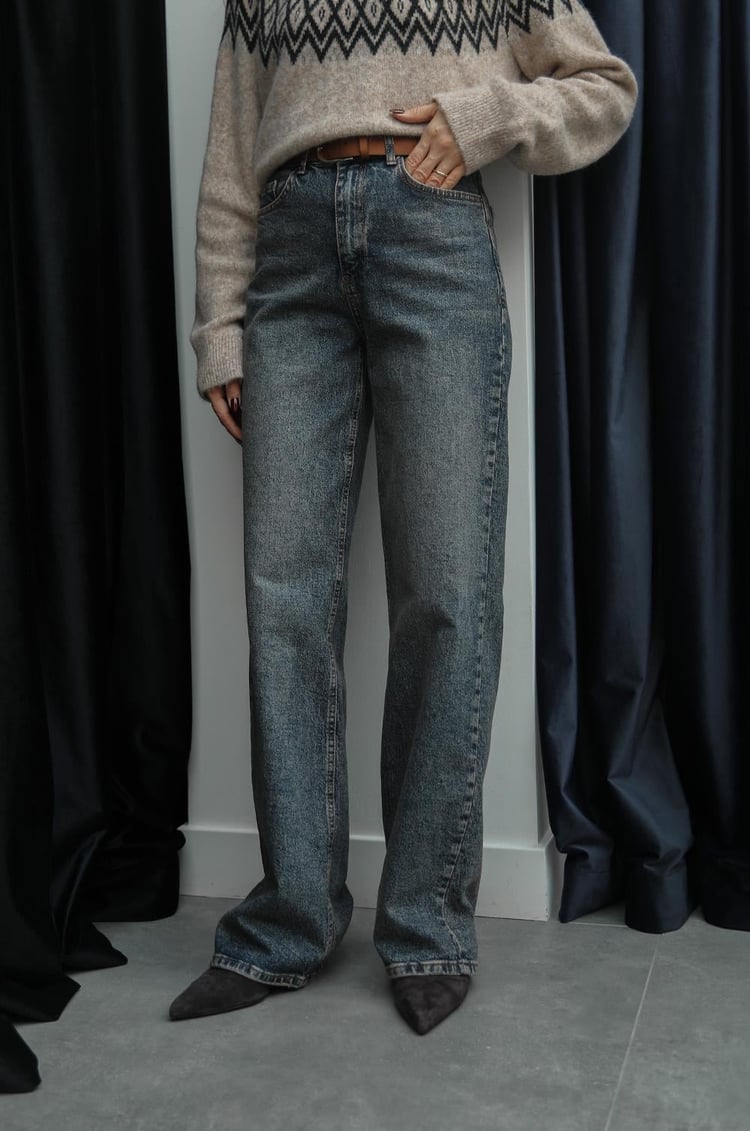 Mavi Süet Kemerli Wide Leg Jean