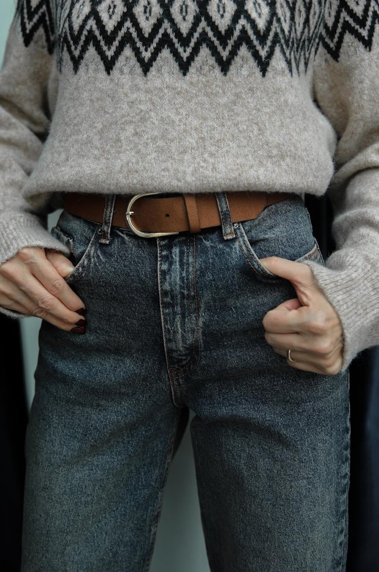 Mavi Süet Kemerli Wide Leg Jean
