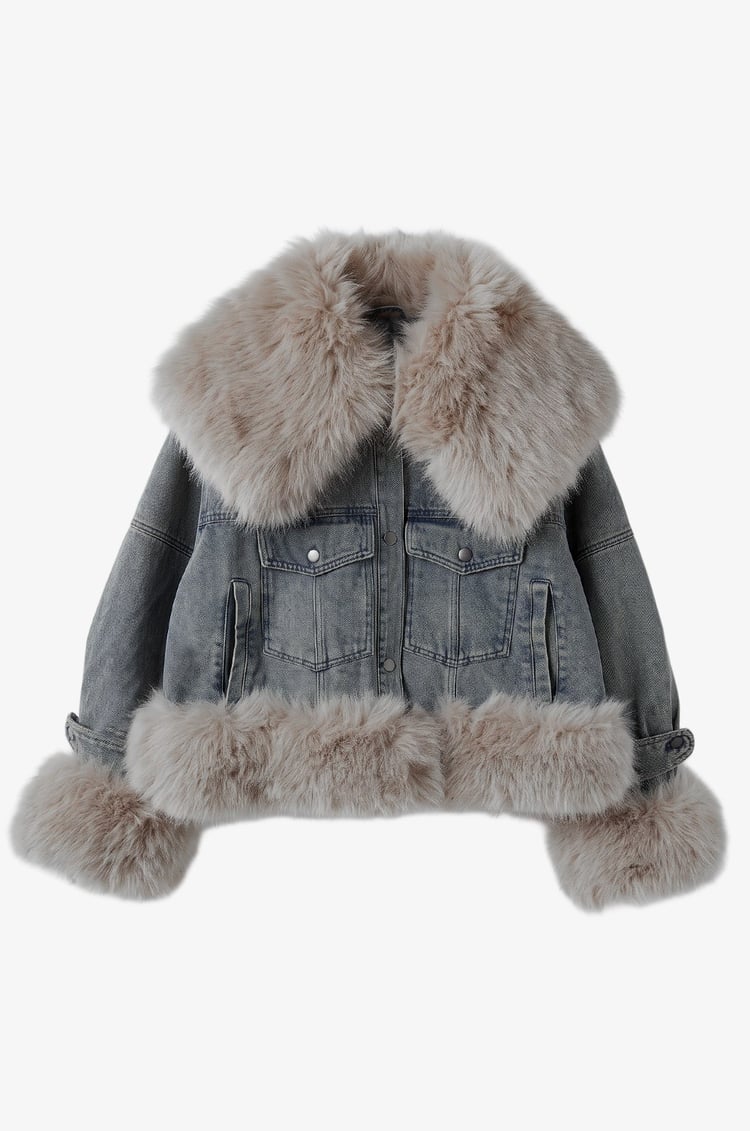 Mavi Vintage Kürk Detaylı Denim Mont
