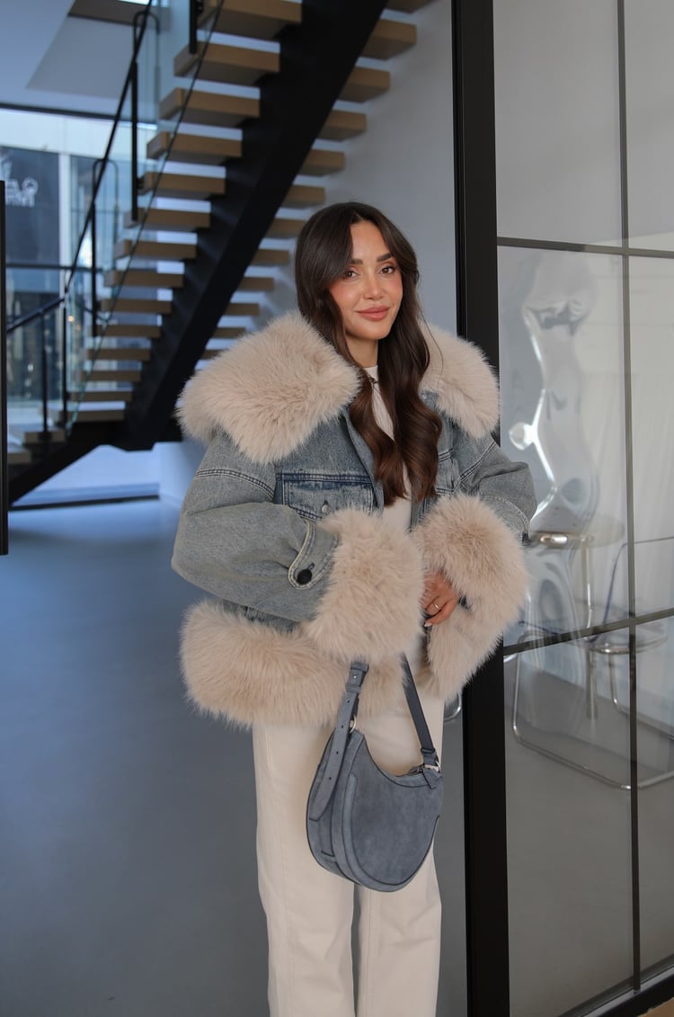Mavi Vintage Kürk Detaylı Denim Mont
