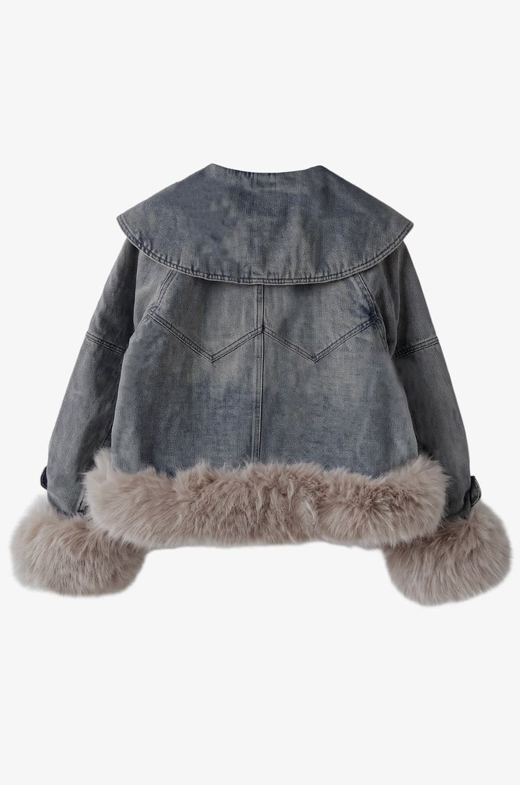 Mavi Vintage Kürk Detaylı Denim Mont