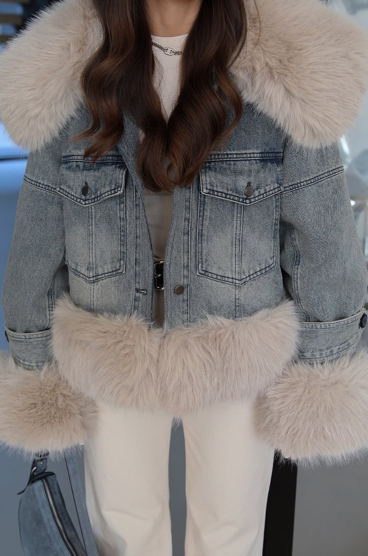 Mavi Vintage Kürk Detaylı Denim Mont