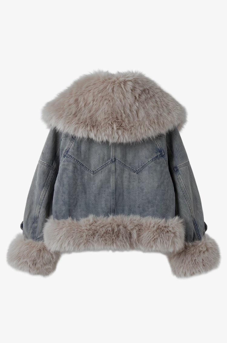 Mavi Vintage Kürk Detaylı Denim Mont