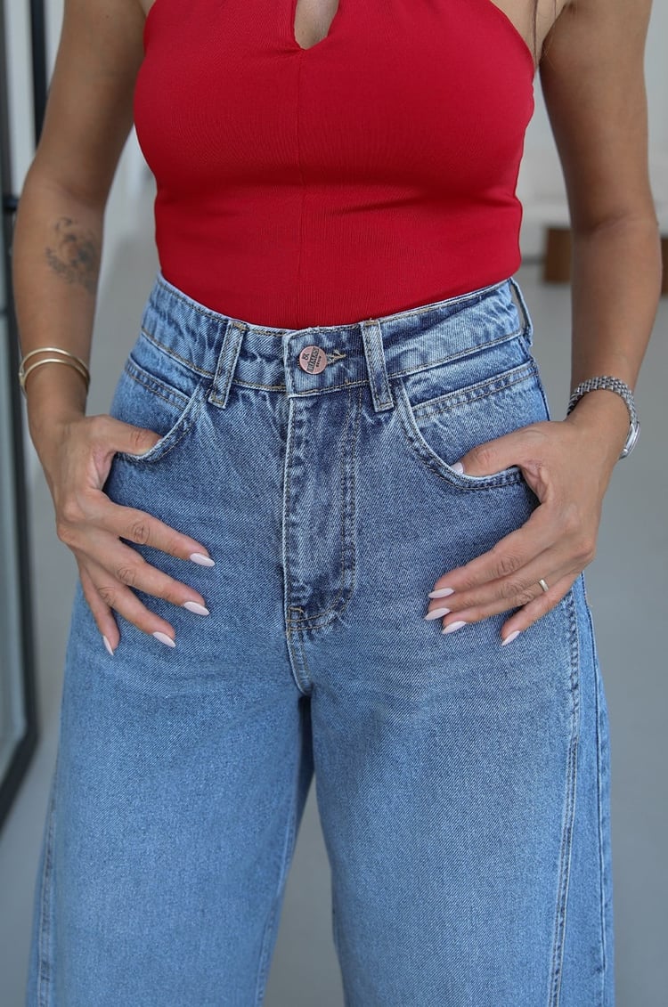 Mavi Yanı Çift Dikişli Mom Jean