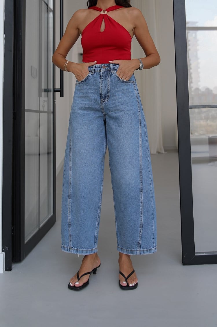 Mavi Yanı Çift Dikişli Mom Jean