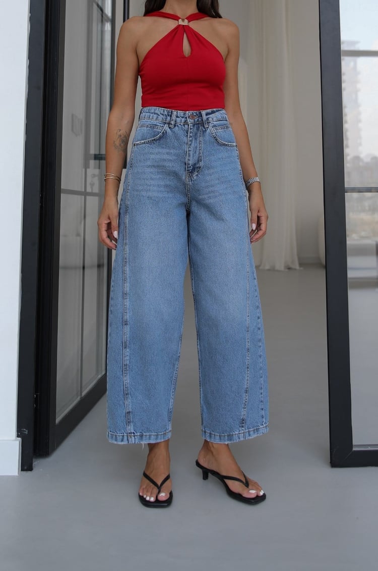 Mavi Yanı Çift Dikişli Mom Jean