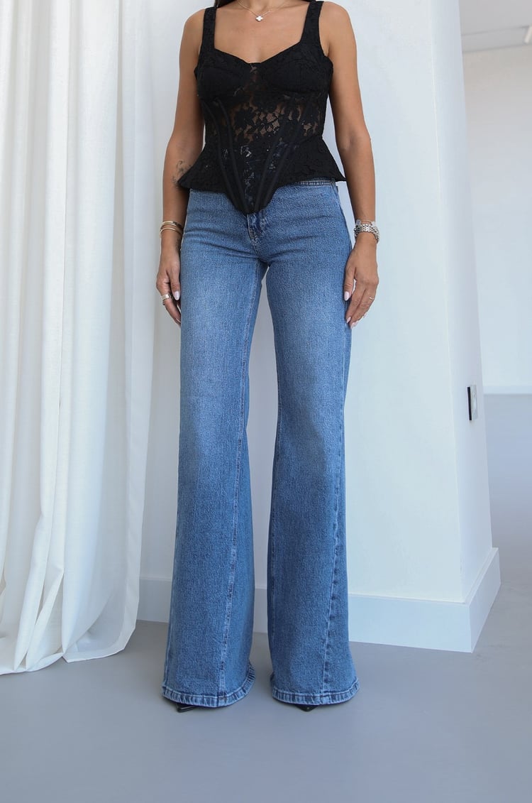 Mavi Yanı Dikiş Detaylı Wide Leg jean