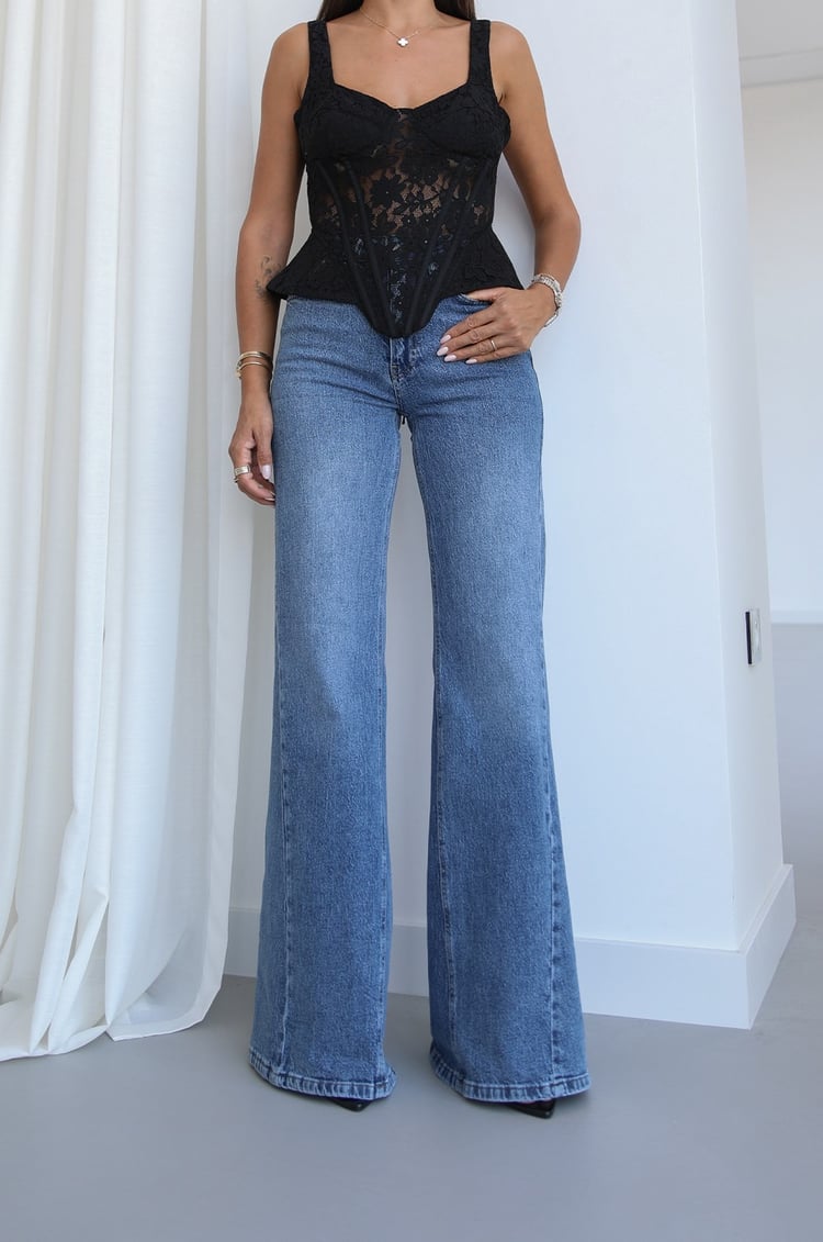 Mavi Yanı Dikiş Detaylı Wide Leg jean
