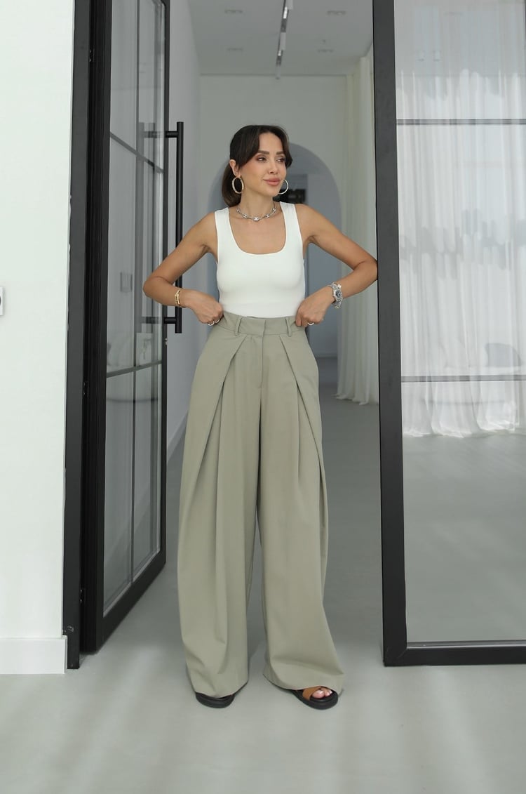 Mint Jove Pileli Geniş Paça Pantolon