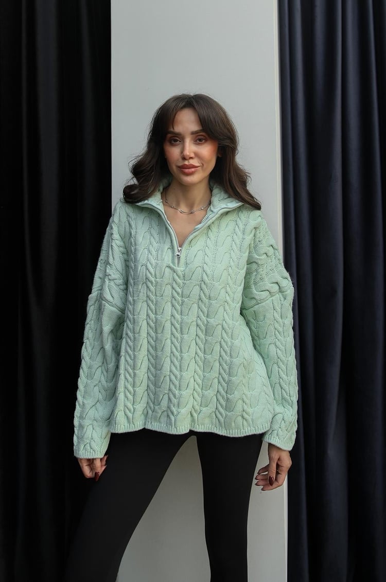 Mint Yakası Fermuarlı Saç Örgü Kazak