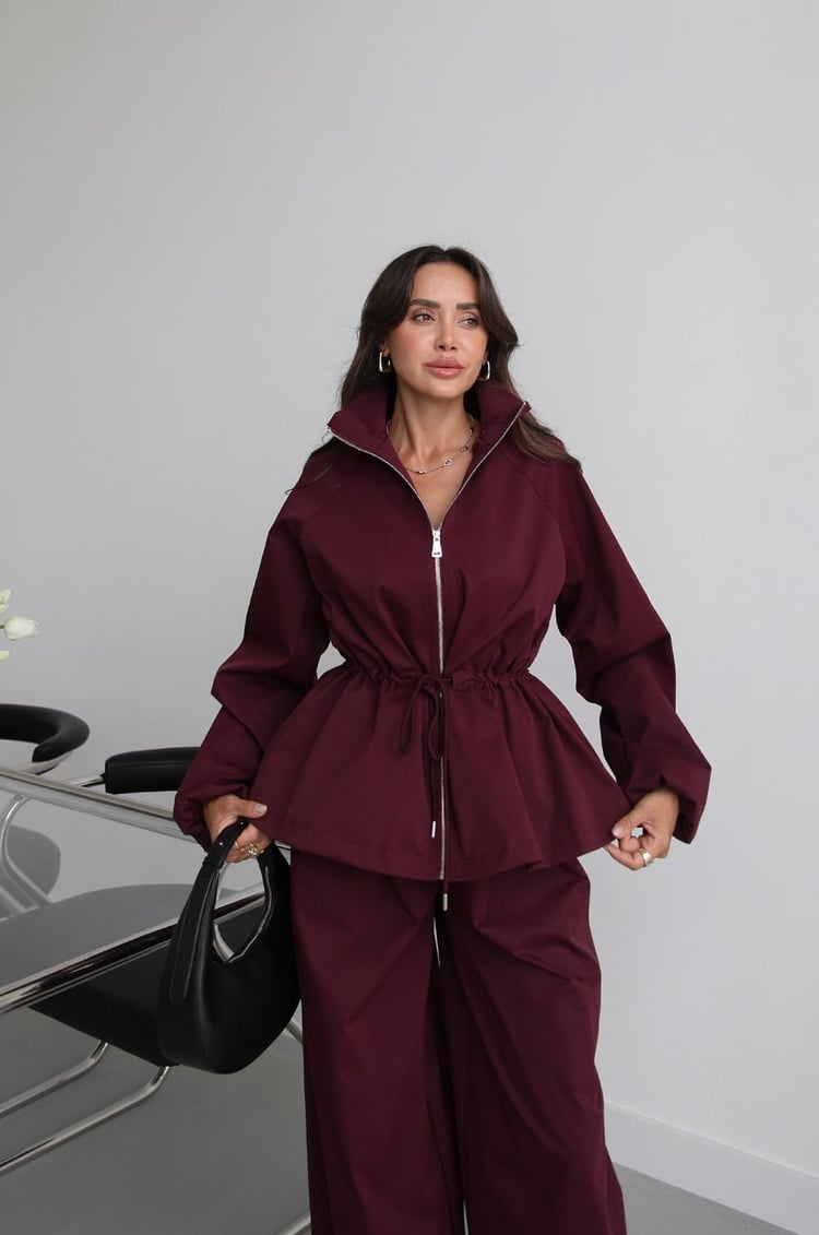 Mürdüm Beli İp Büzgülü Şalvar Pantolon Ceket Takım