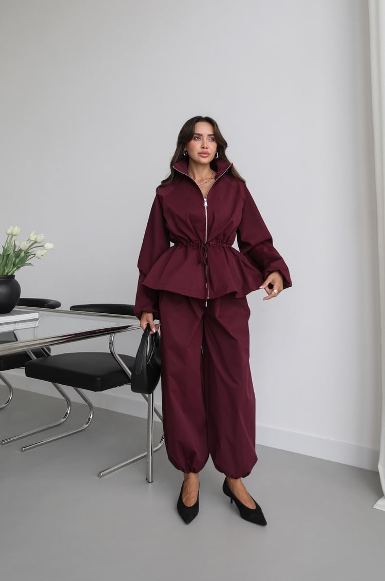 Mürdüm Beli İp Büzgülü Şalvar Pantolon Ceket Takım