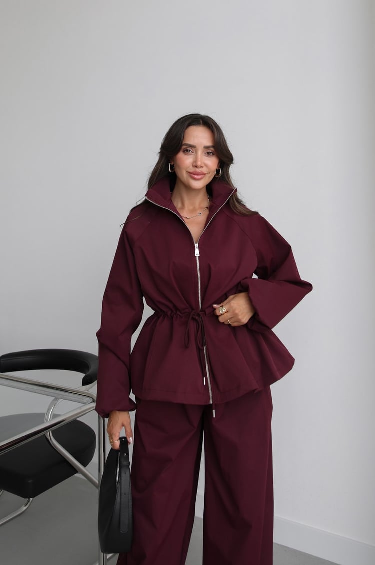 Mürdüm Beli İp Büzgülü Şalvar Pantolon Ceket Takım
