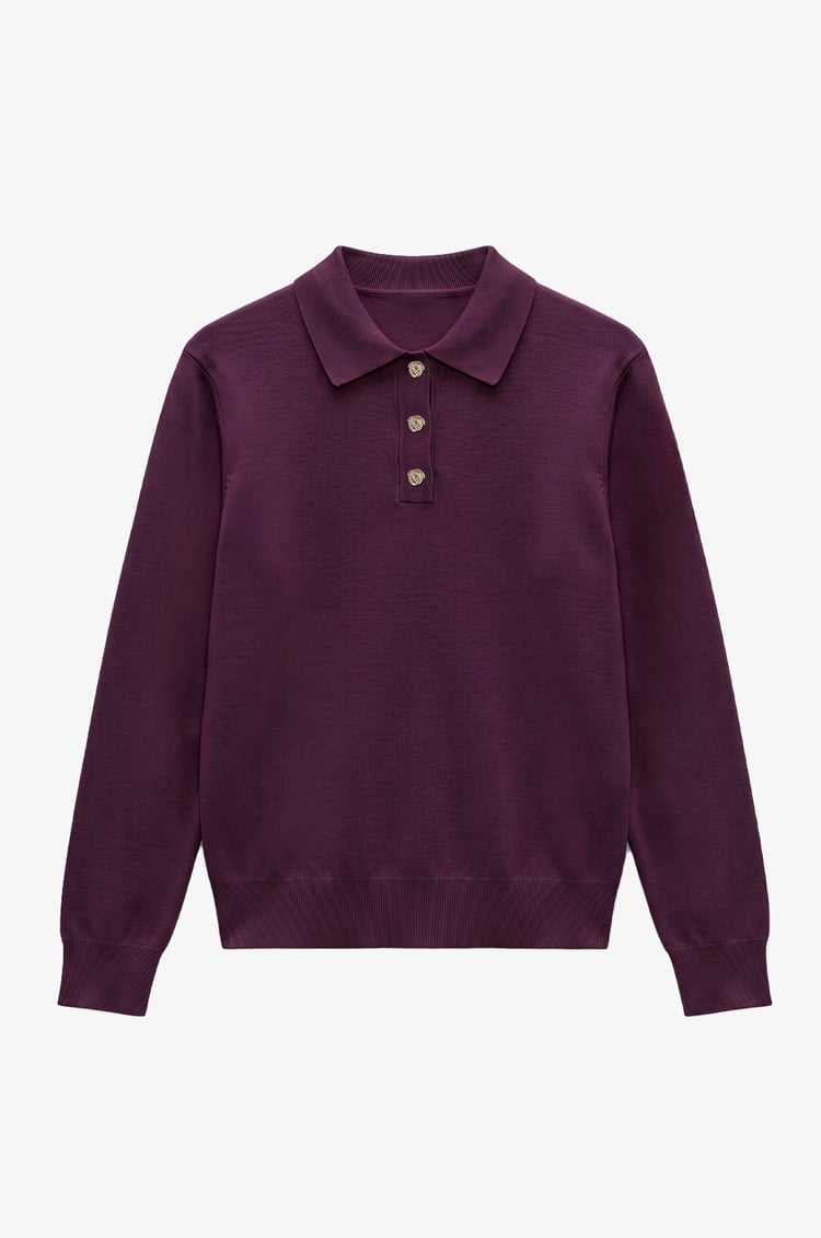 Mürdüm Button Polo Yaka Kazak