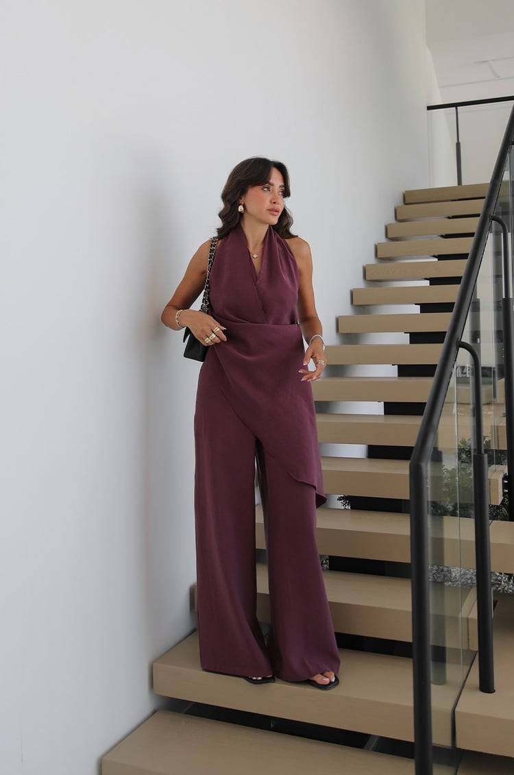 Mürdüm Halter Yaka Şal Detaylı Tulum