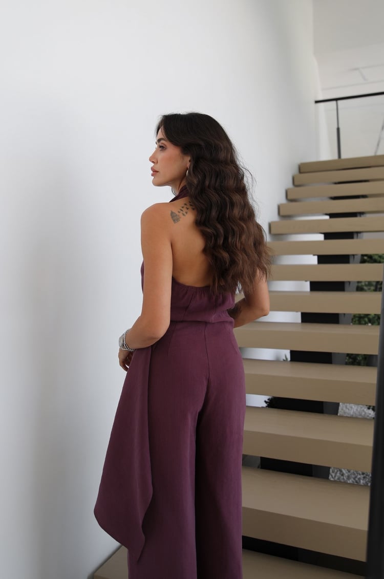 Mürdüm Halter Yaka Şal Detaylı Tulum