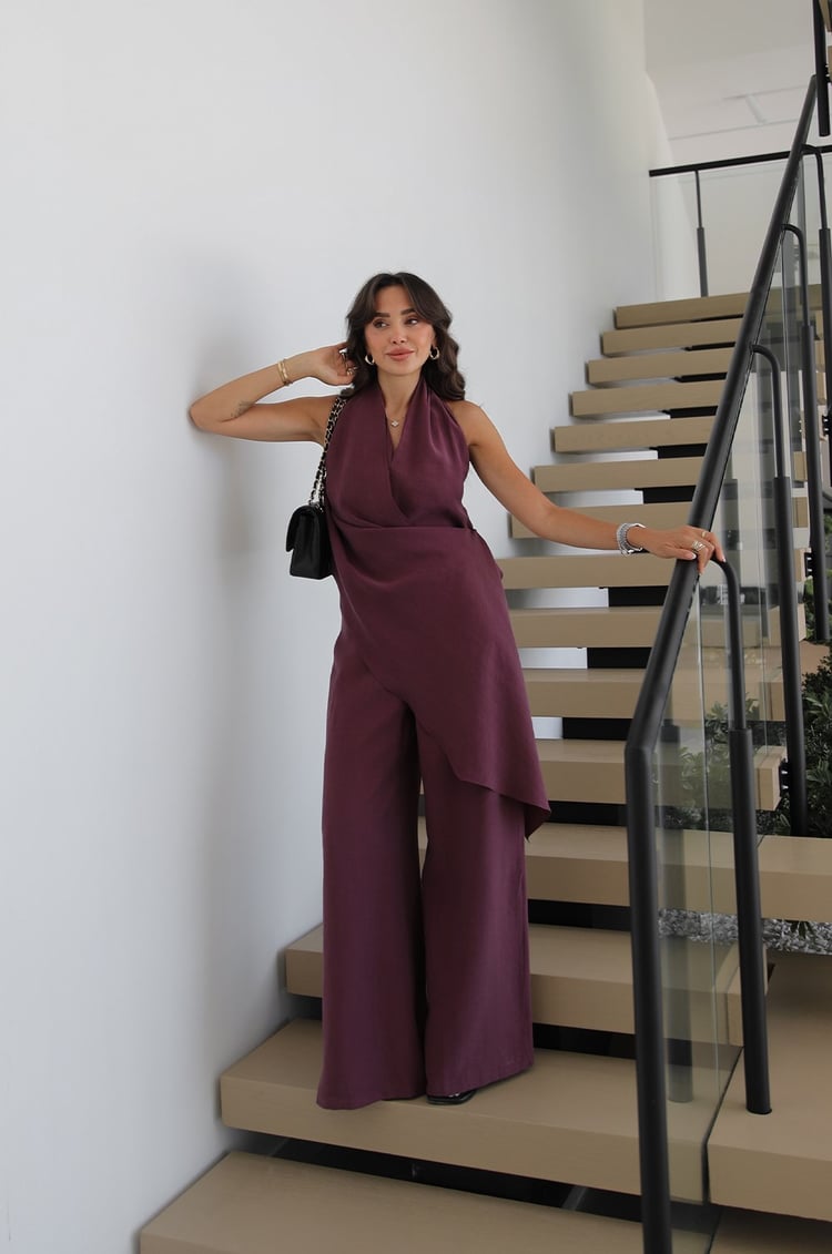 Mürdüm Halter Yaka Şal Detaylı Tulum