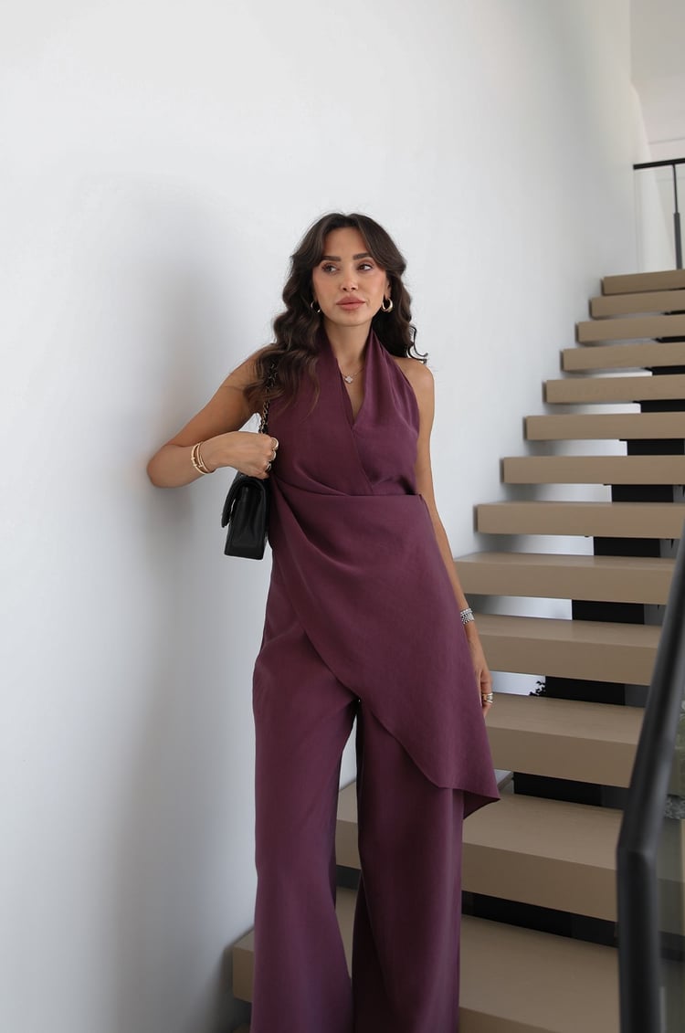 Mürdüm Halter Yaka Şal Detaylı Tulum
