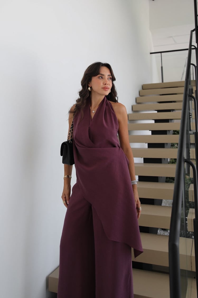 Mürdüm Halter Yaka Şal Detaylı Tulum
