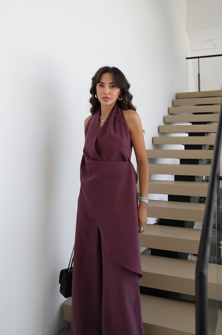 Mürdüm Halter Yaka Şal Detaylı Tulum