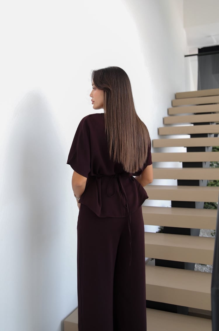 Mürdüm İp Kemerli Pileli Bluz Pantolon Takım