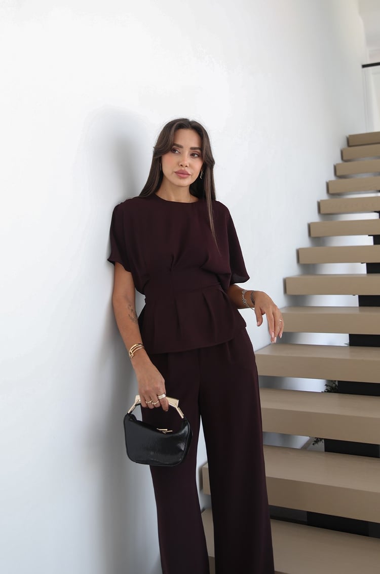 Mürdüm İp Kemerli Pileli Bluz Pantolon Takım