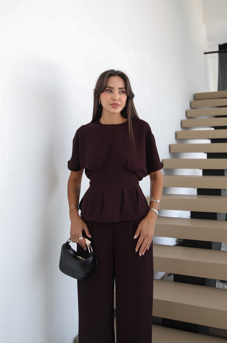 Mürdüm İp Kemerli Pileli Bluz Pantolon Takım