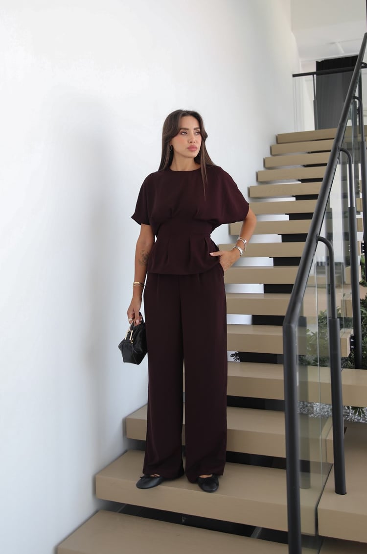 Mürdüm İp Kemerli Pileli Bluz Pantolon Takım